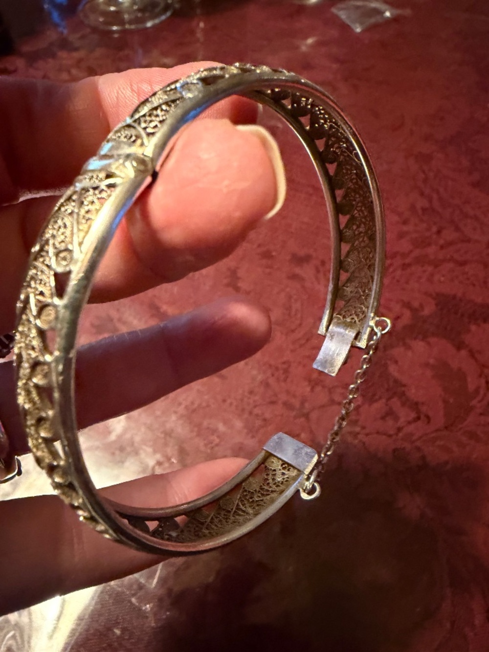 Vintage German 835 Silver Filigree Hinged Bracelet Mid-Century Chevron Design